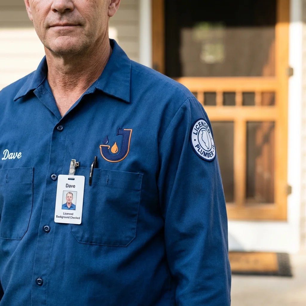 Licensed plumber showing ID badge in De Soto, IA