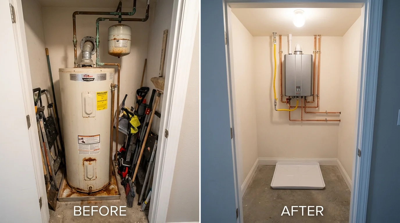 Tank water heater versus wall-mounted tankless unit comparison for De Soto, IA homeowners