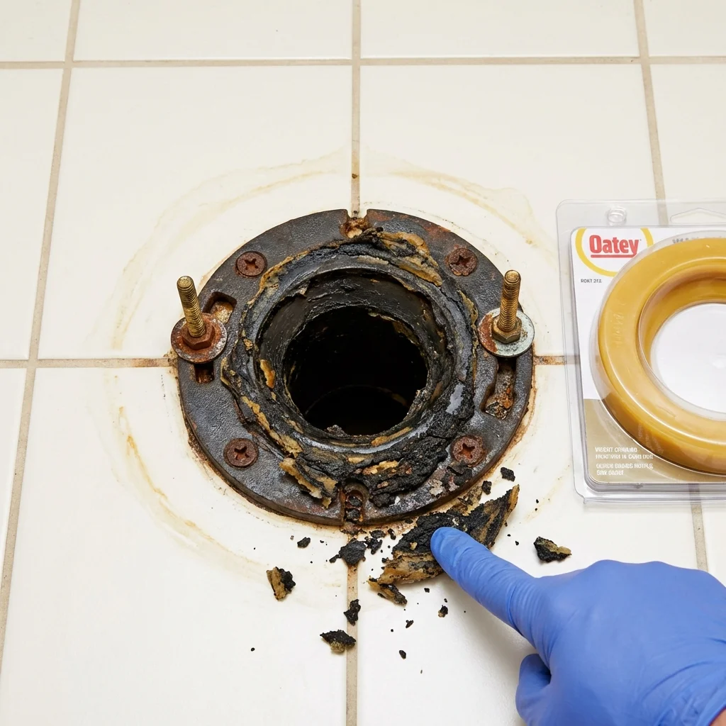 Failed wax ring showing water seepage at the base of a toilet in a De Soto, IA home