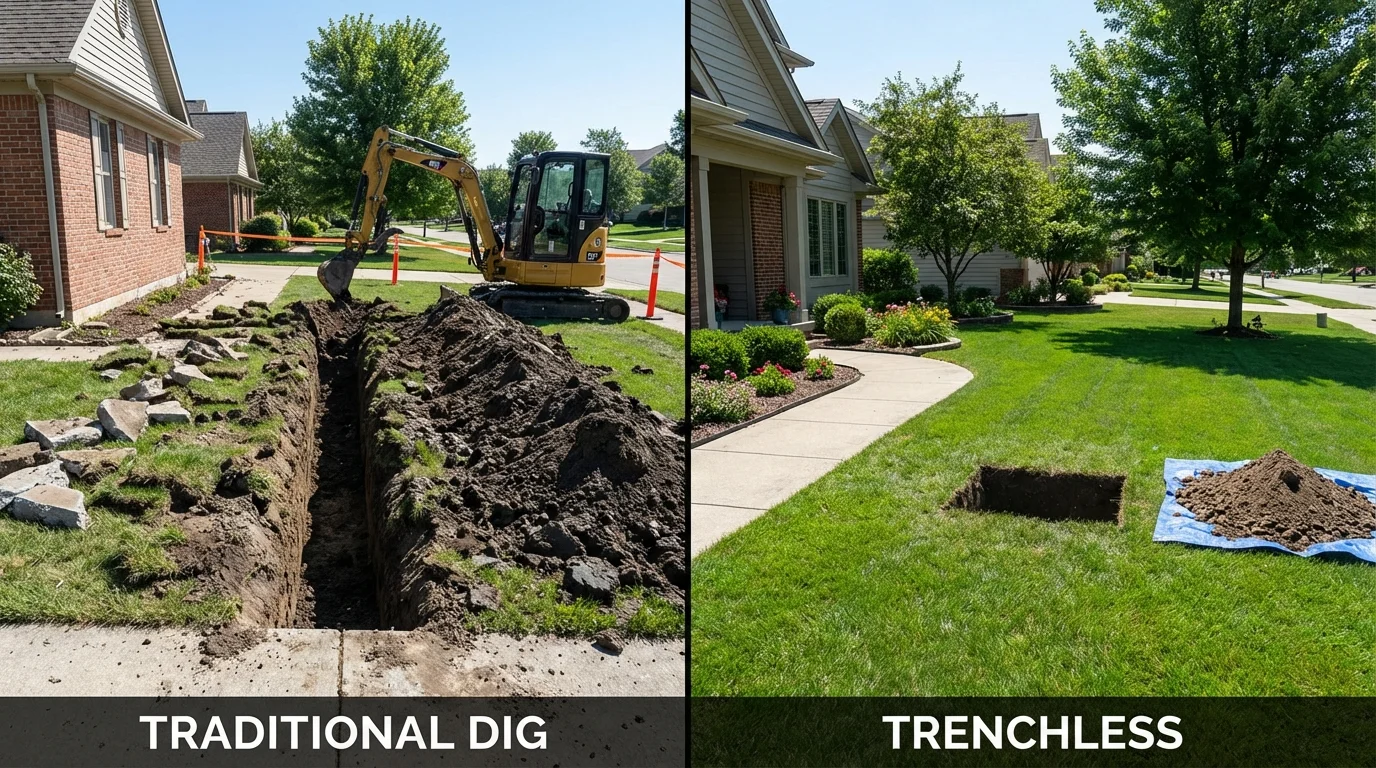 Trenchless sewer repair with minimal yard damage versus traditional excavation in De Soto, IA