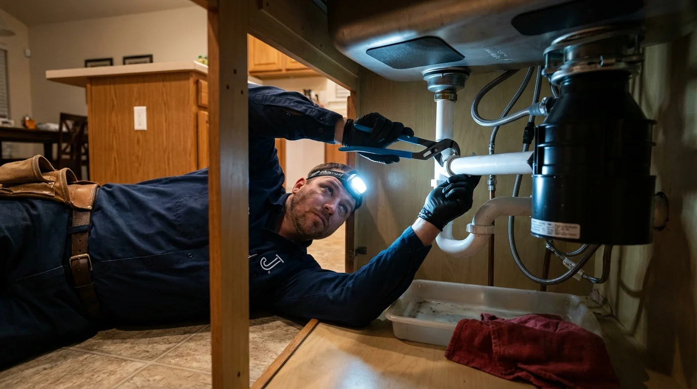 P-trap and supply line connections under a kitchen sink showing a common leak point in De Soto, IA